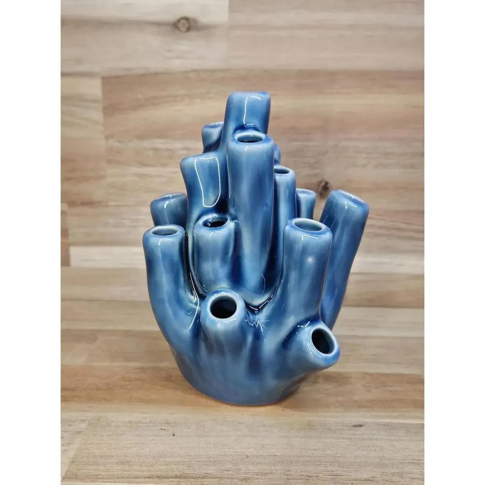 Postmodern Blue Ceramic Sea Anemone Sculpture - Organic Coastal Art Accent